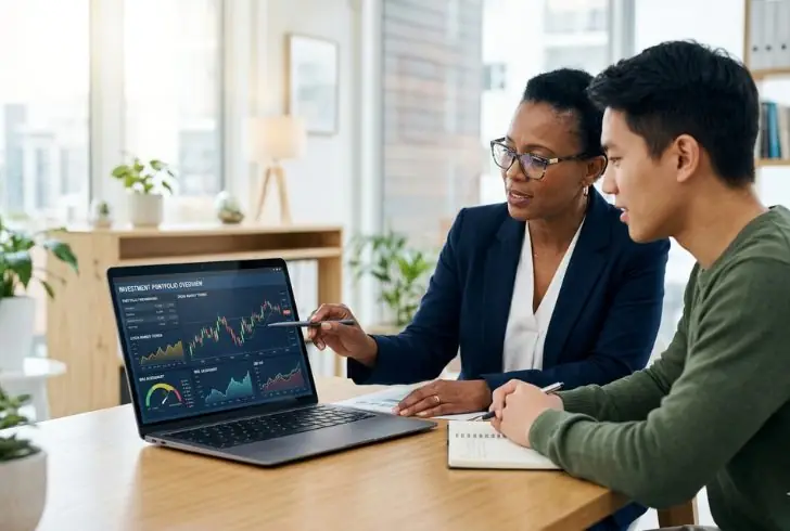 Financial advisor guiding young digital investor