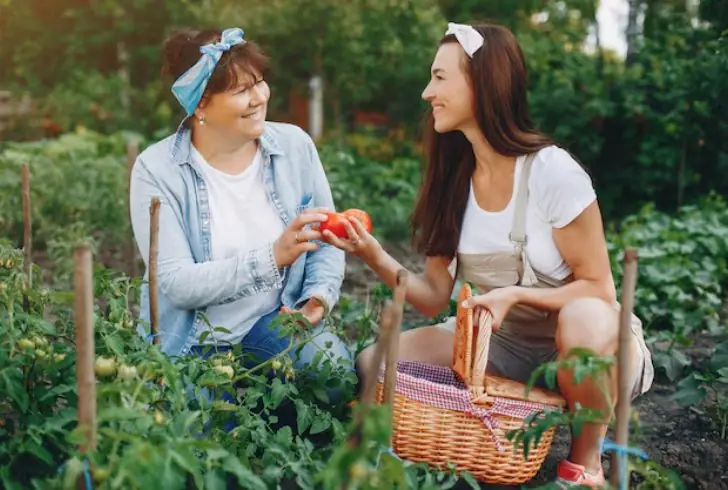 Neighbors sharing vegetables in garden