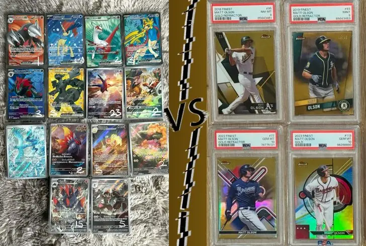 Pokémon and baseball cards side by side
